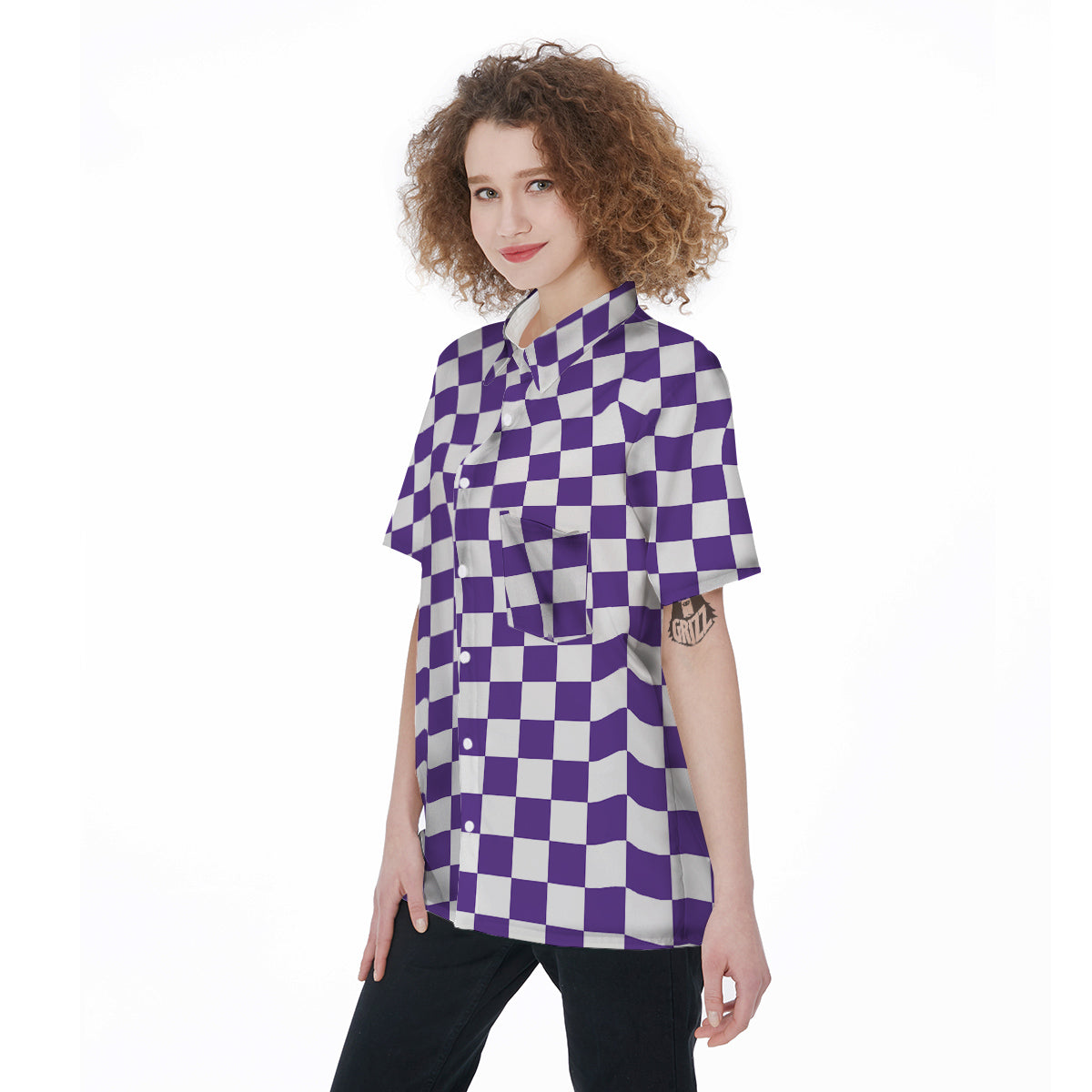 Purple Checkered Flag Print Women's Short Sleeve Shirts-grizzshop