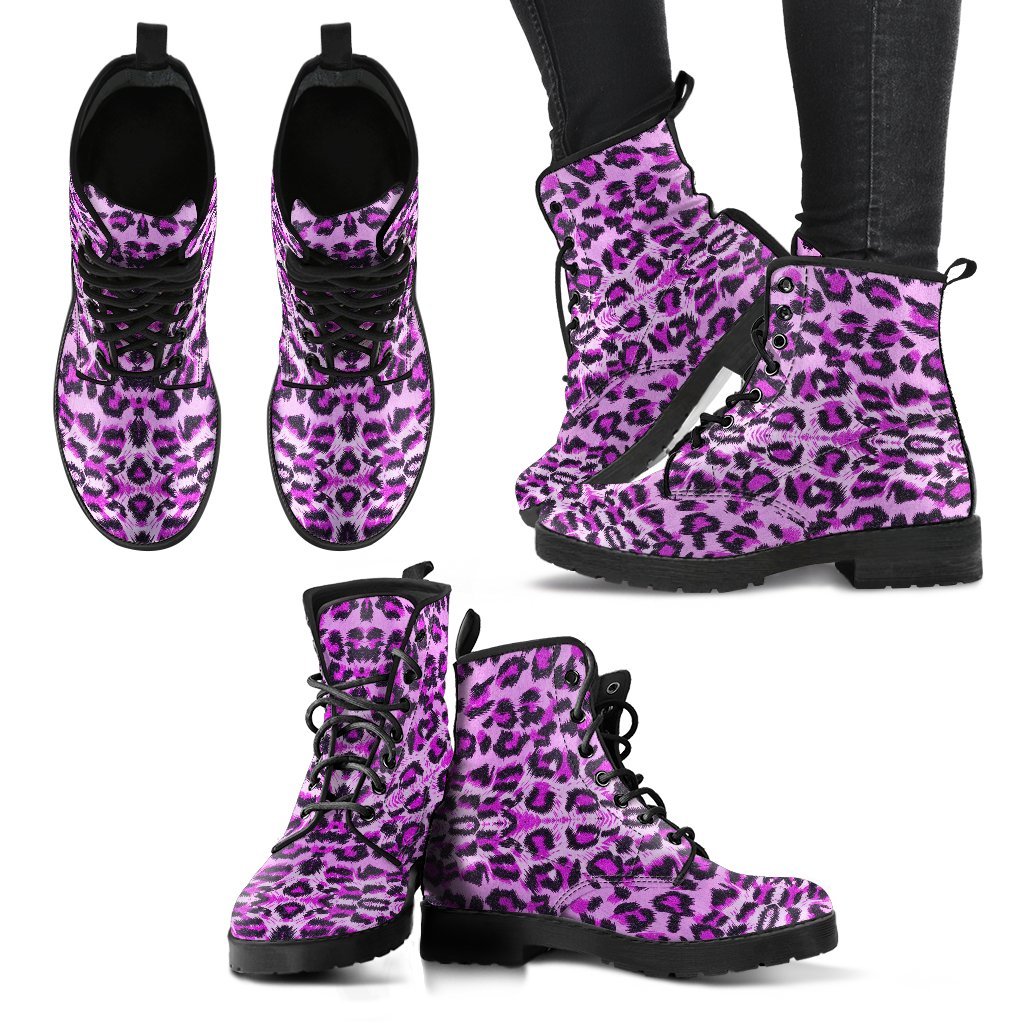 Purple Cheetah Leopard Pattern Print Men Women Leather Boots-grizzshop