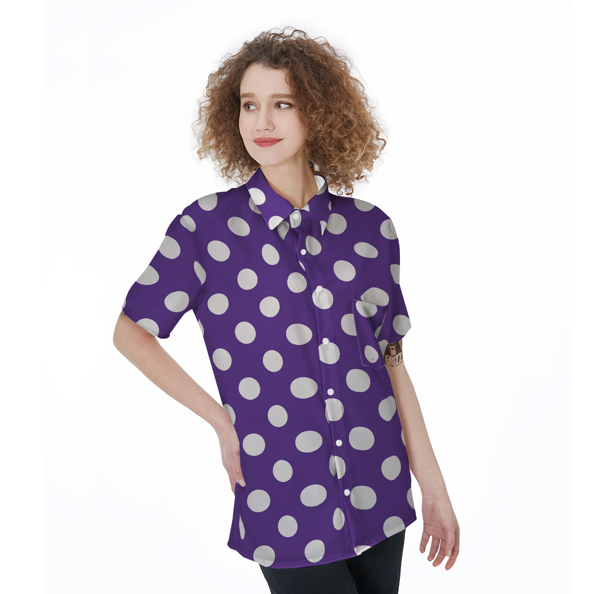 Purple Color Polka Dot Print Pattern Women's Short Sleeve Shirts-grizzshop
