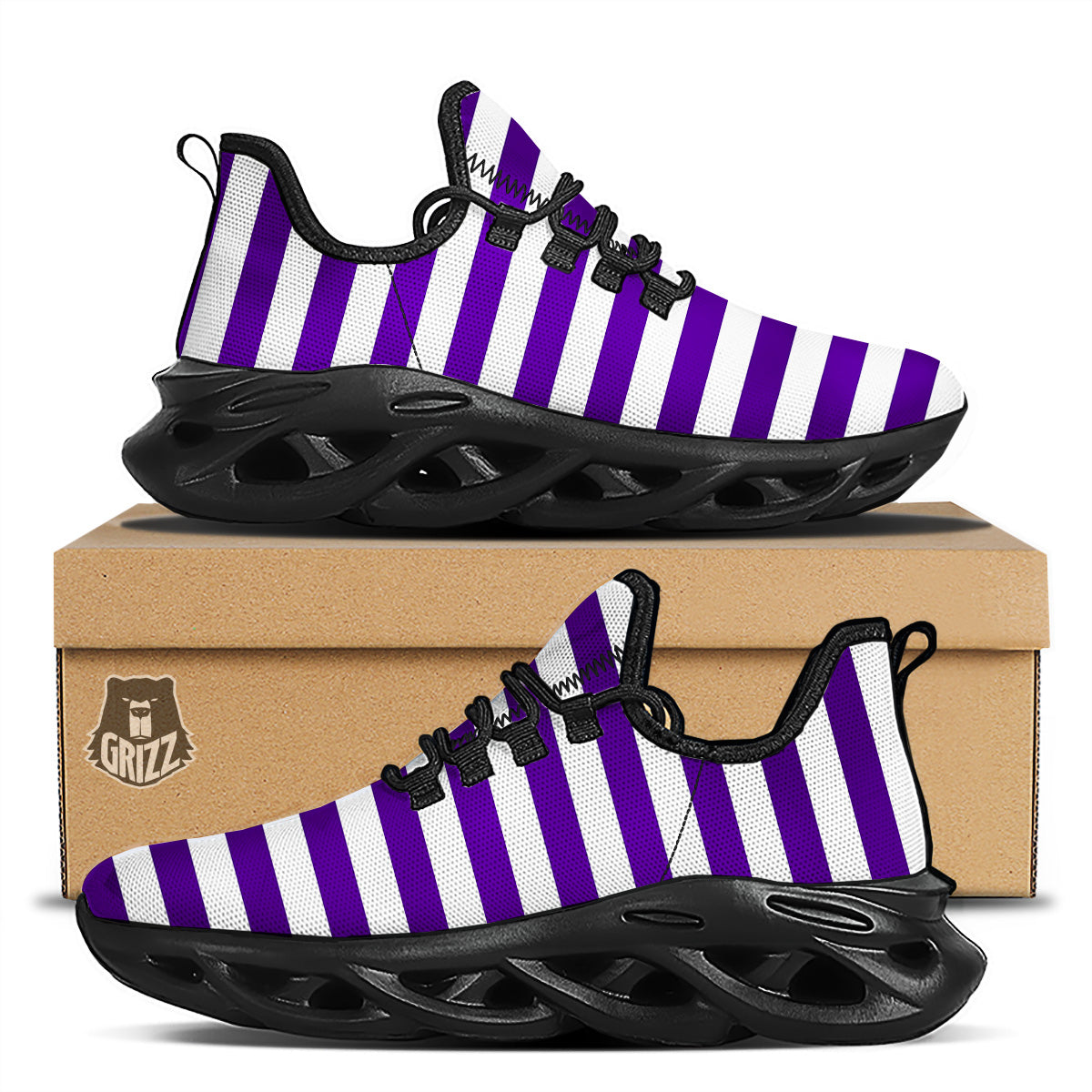 Purple Color Striped Print Black Running Shoes-grizzshop