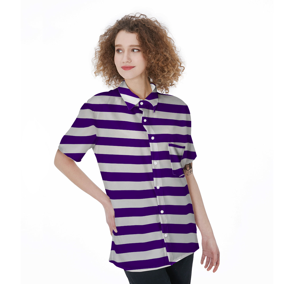 Purple Color Striped Print Women's Short Sleeve Shirts-grizzshop