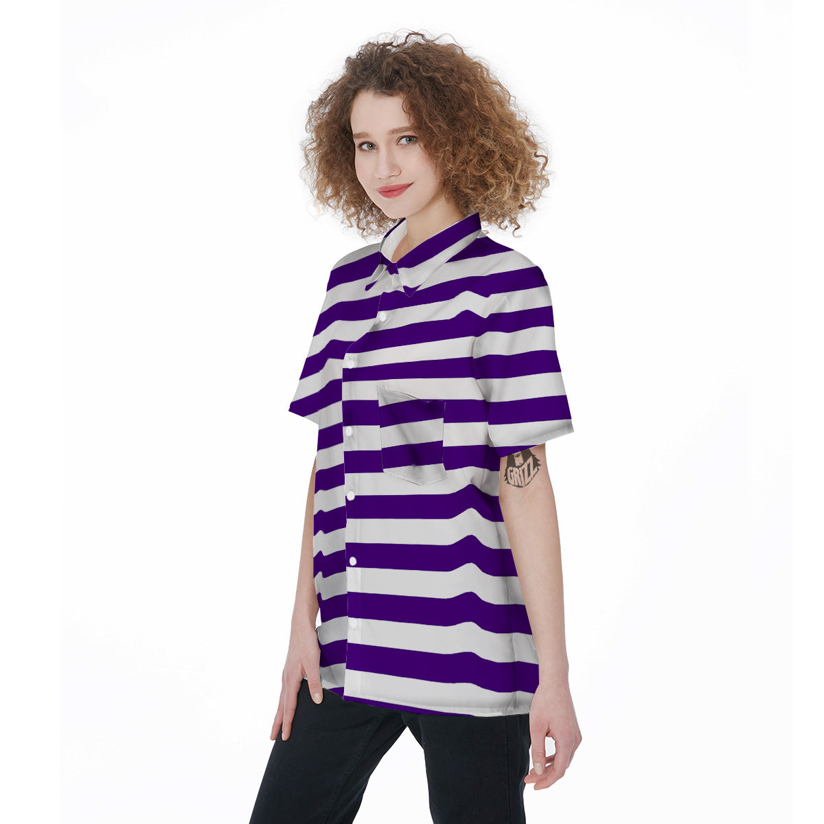 Purple Color Striped Print Women's Short Sleeve Shirts-grizzshop