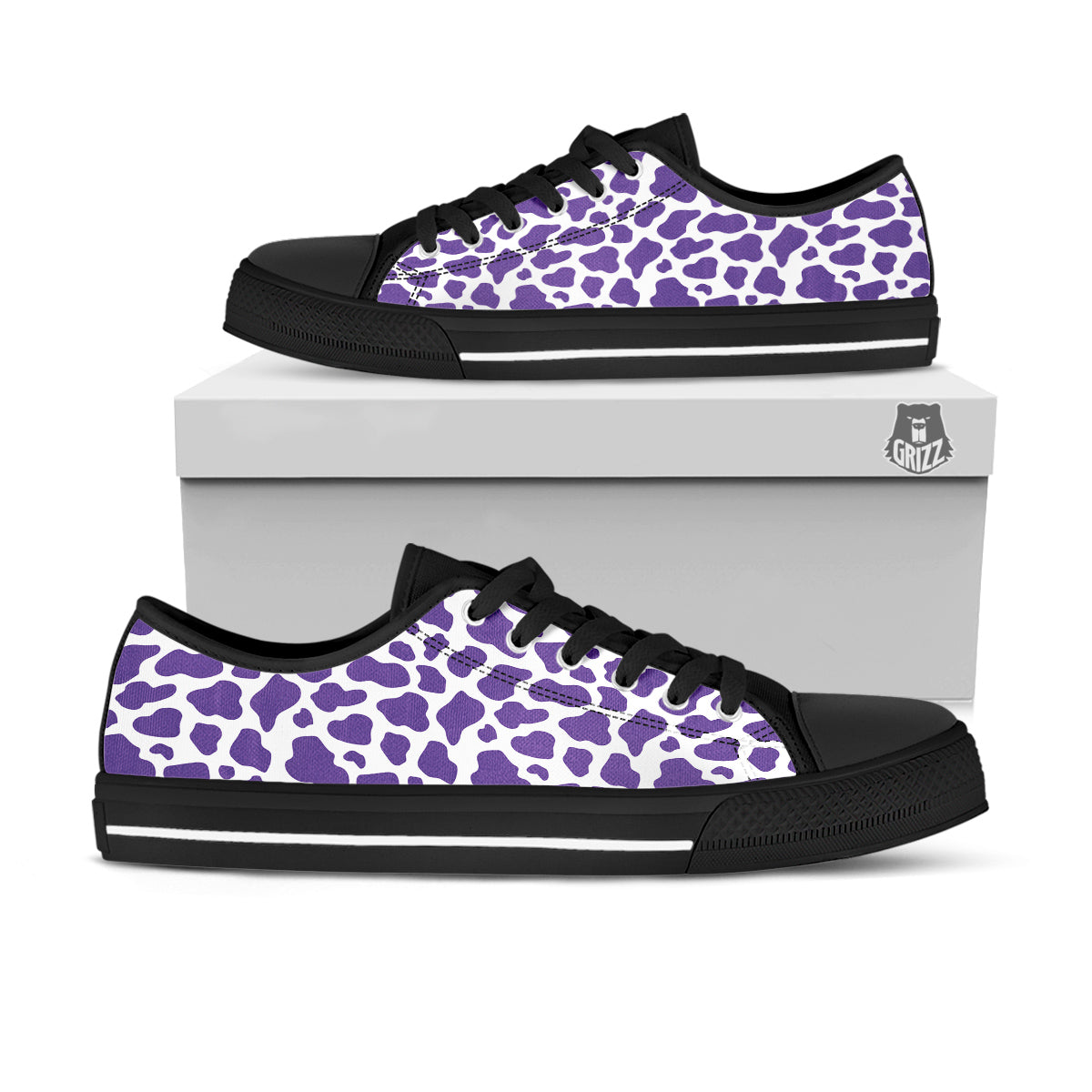 Purple Cow Print Pattern Black Low Top Shoes-grizzshop