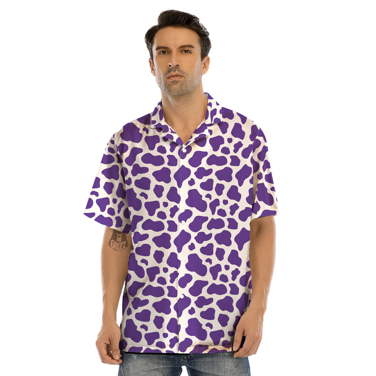 Purple Cow Print Pattern Men’s Hawaiian Shirt-grizzshop