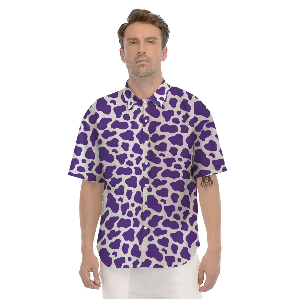 Purple Cow Print Pattern Men's Short Sleeve Shirts-grizzshop
