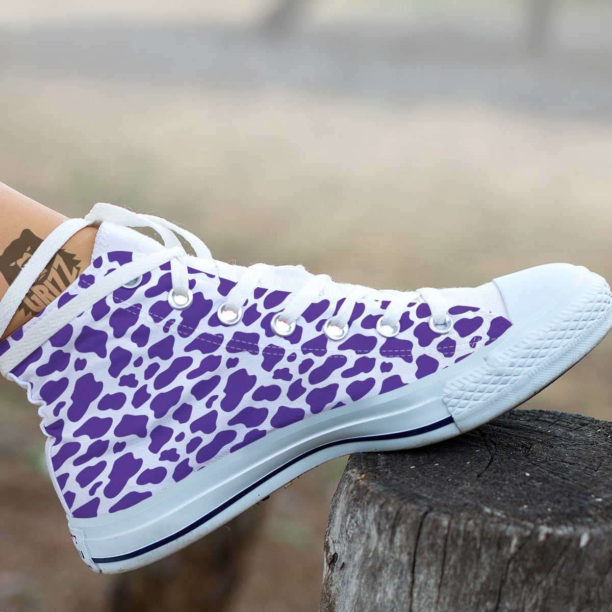 Purple Cow Print Pattern White High Top Shoes-grizzshop