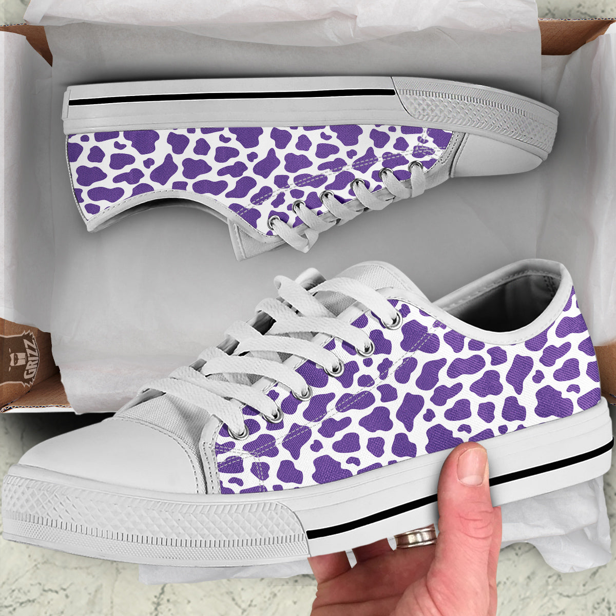 Purple Cow Print Pattern White Low Top Shoes-grizzshop