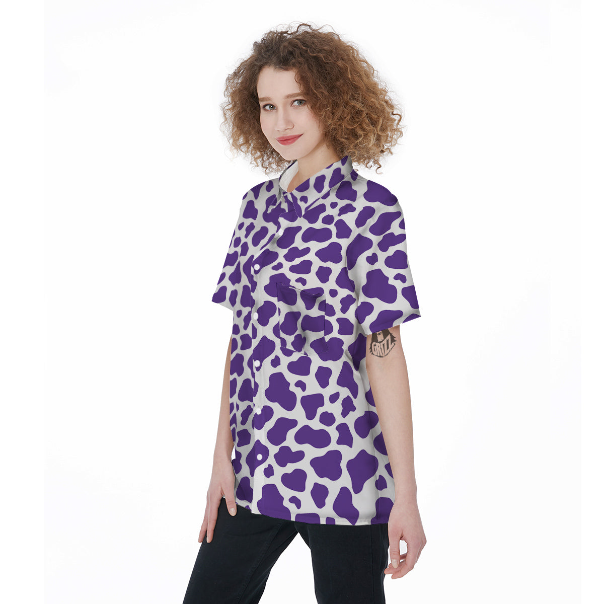 Purple Cow Print Pattern Women's Short Sleeve Shirts-grizzshop