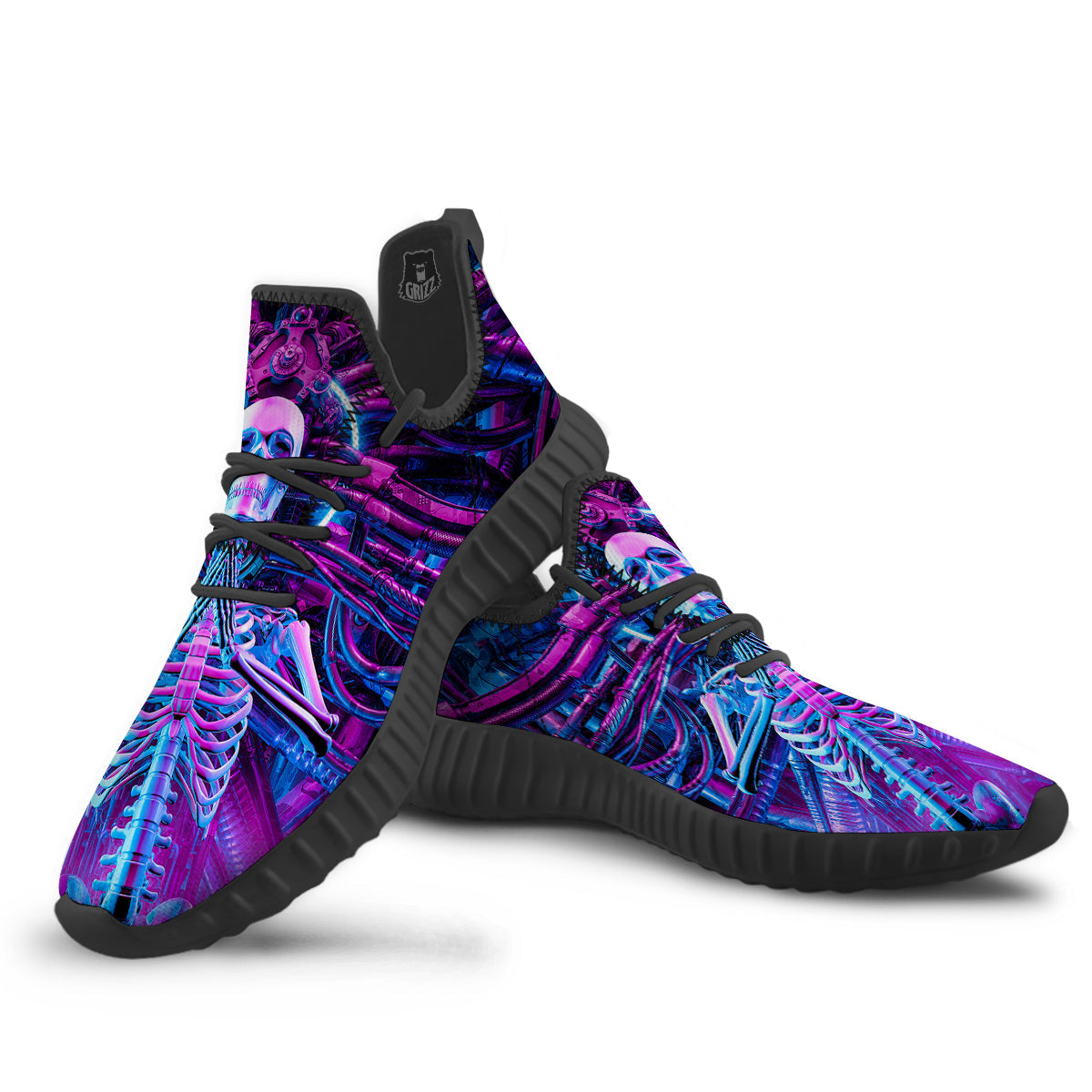 Purple Cyber Skeleton Print Black Walking Shoes-grizzshop