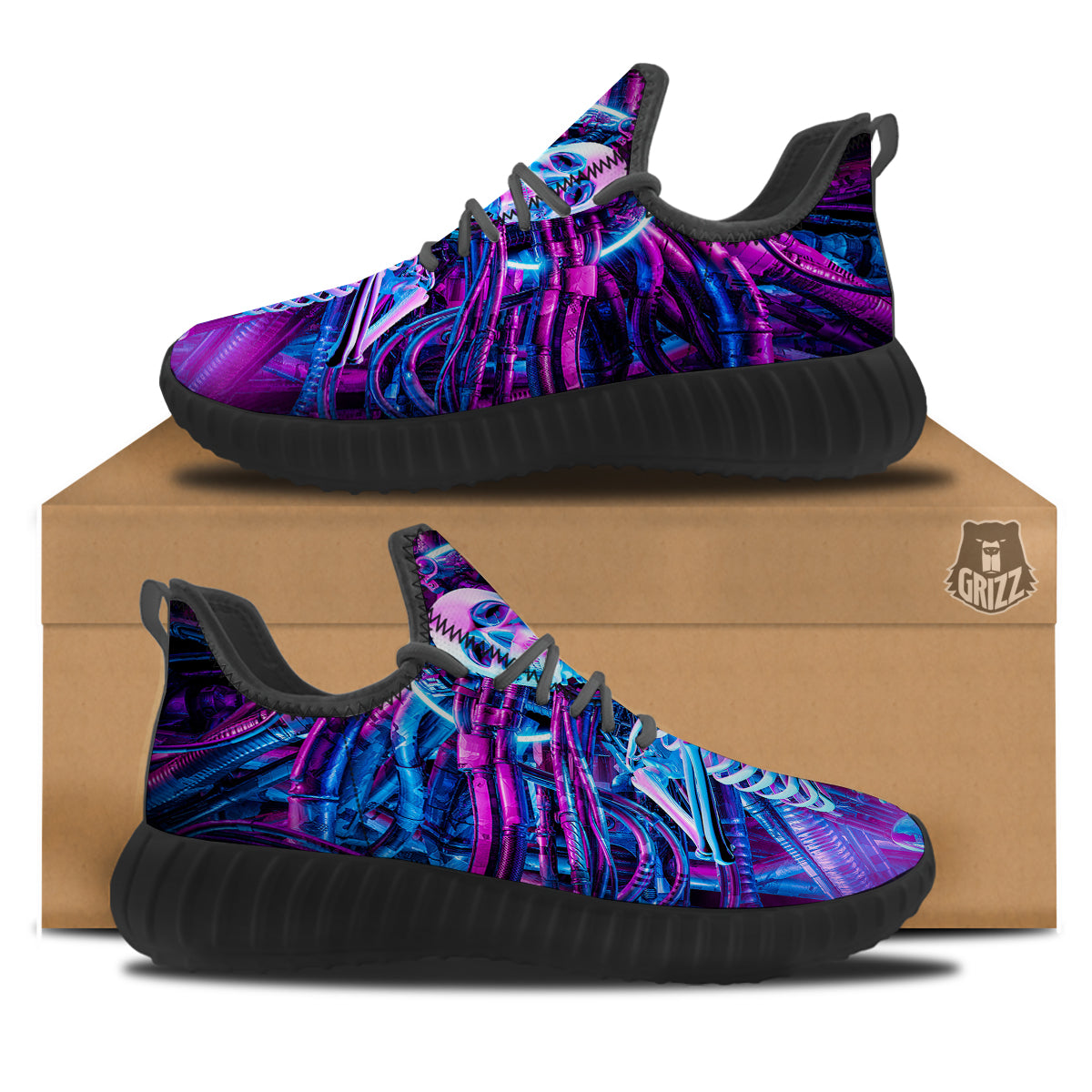 Purple Cyber Skeleton Print Black Walking Shoes-grizzshop