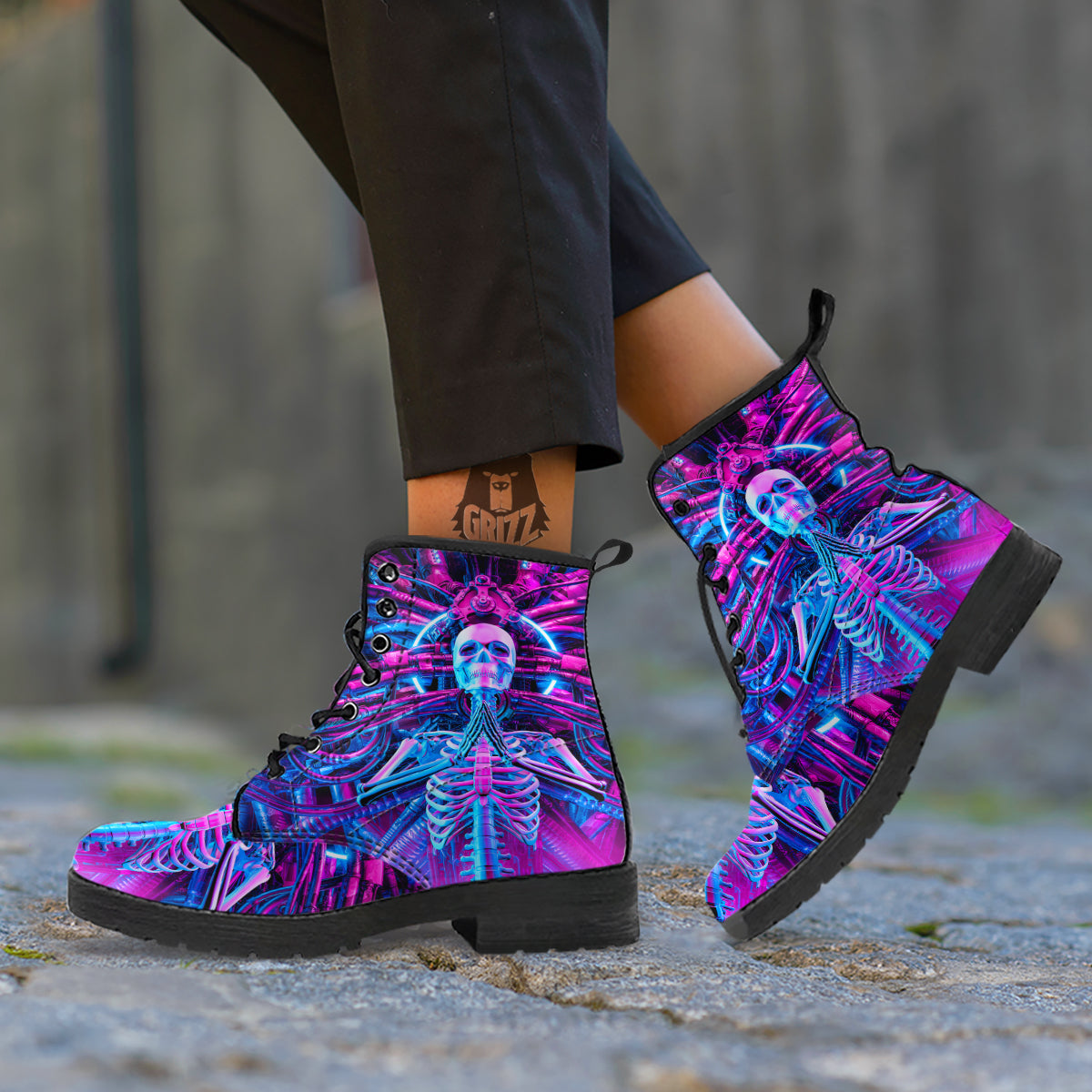 Purple Cyber Skeleton Print Leather Boots-grizzshop