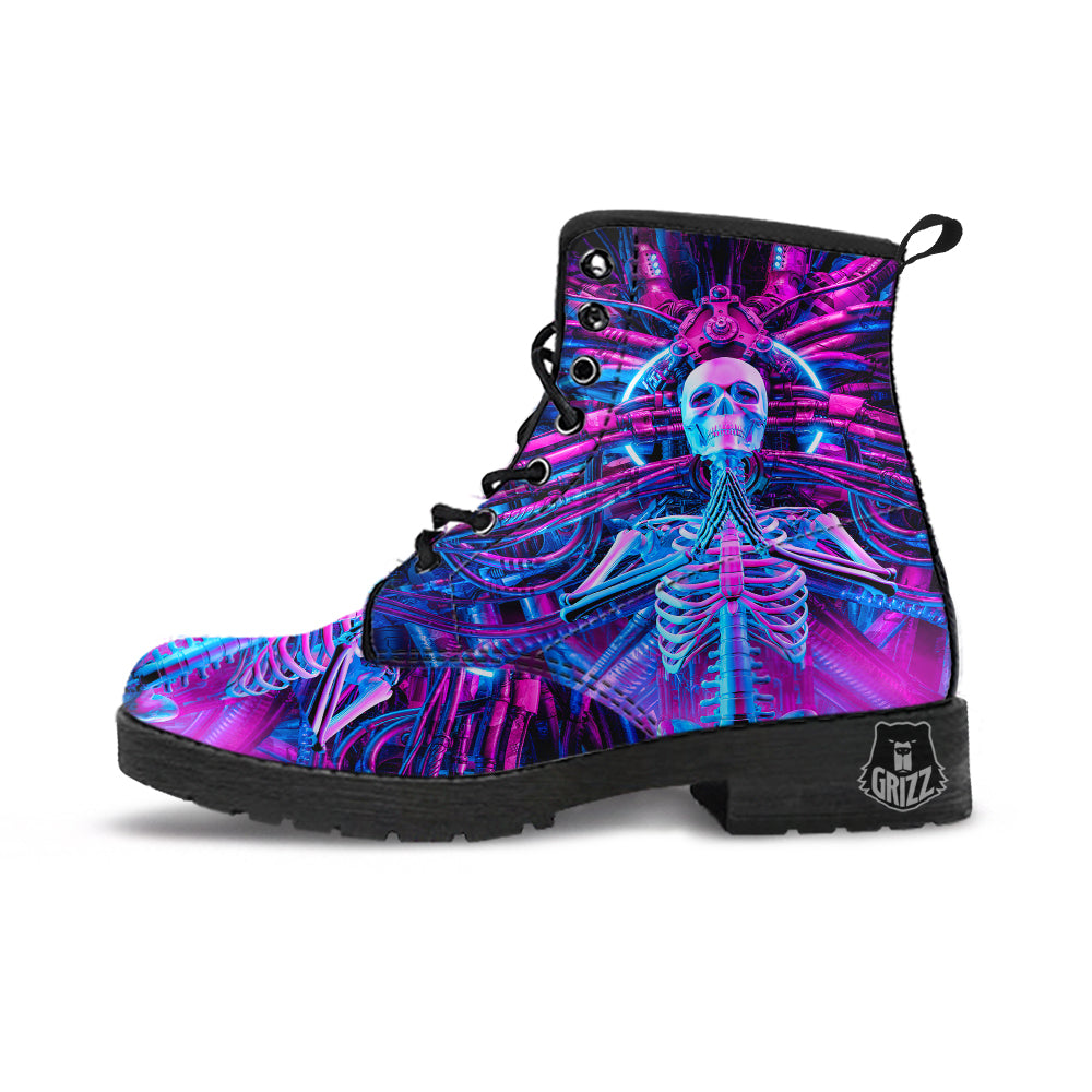 Purple Cyber Skeleton Print Leather Boots-grizzshop