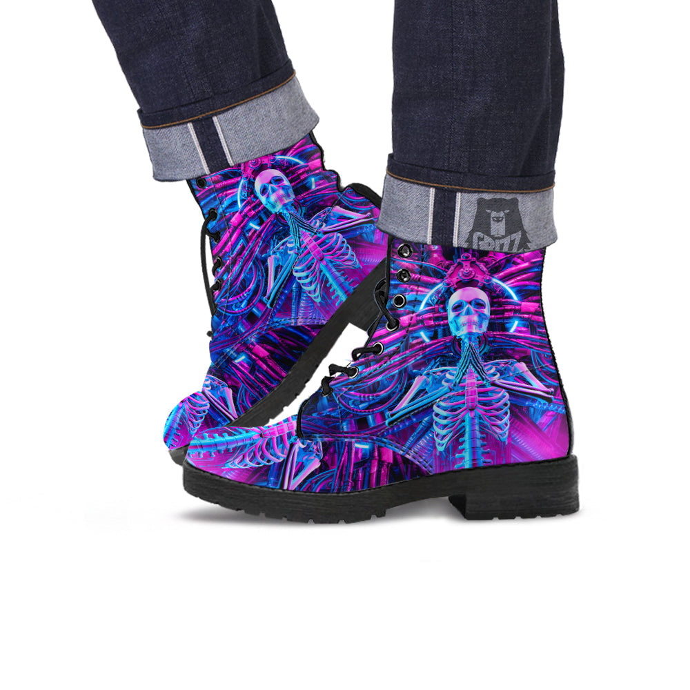 Purple Cyber Skeleton Print Leather Boots-grizzshop