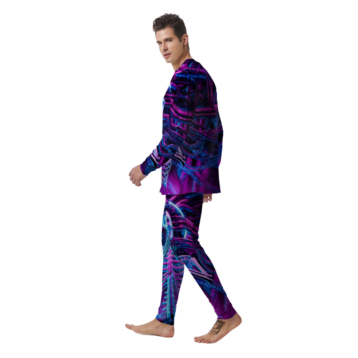 Purple Cyber Skeleton Print Men's Pajamas-grizzshop