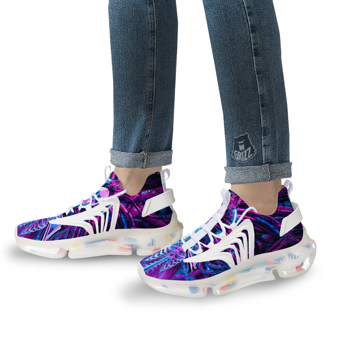 Purple Cyber Skeleton Print White Gym Shoes-grizzshop