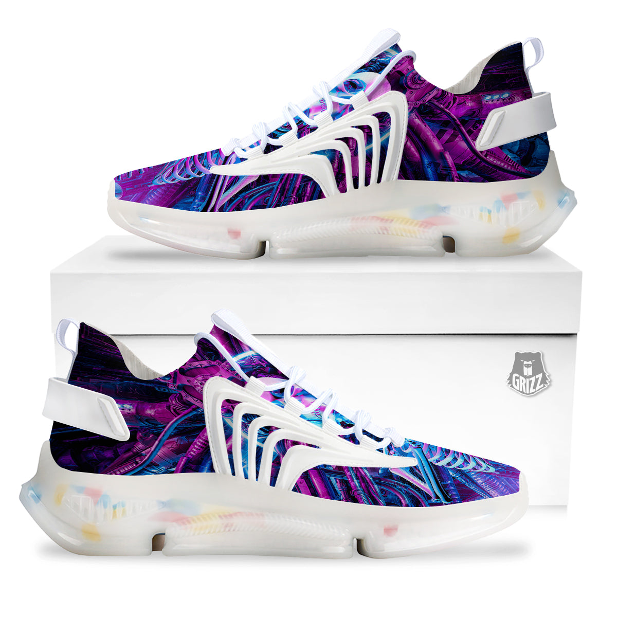 Purple Cyber Skeleton Print White Gym Shoes-grizzshop
