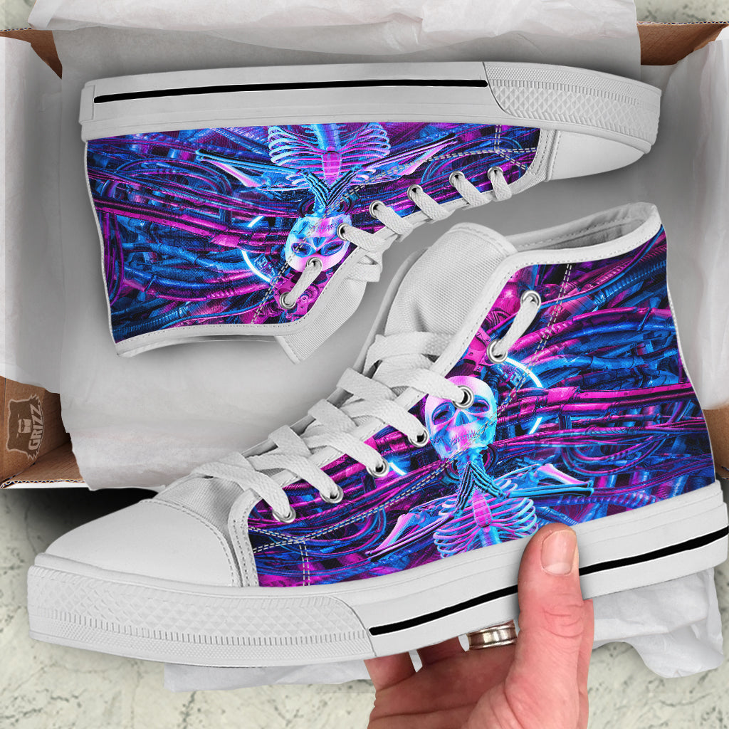 Purple Cyber Skeleton Print White High Top Shoes-grizzshop