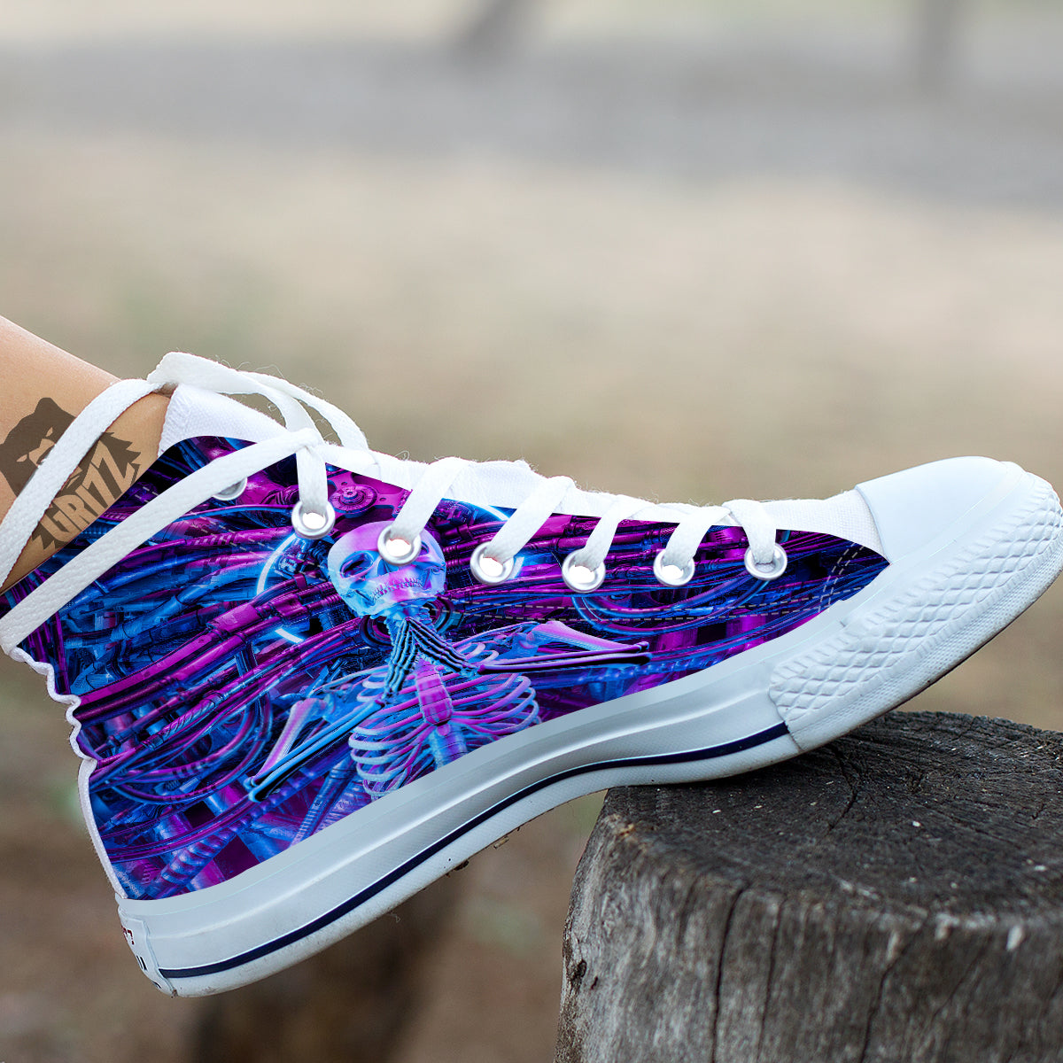 Purple Cyber Skeleton Print White High Top Shoes-grizzshop