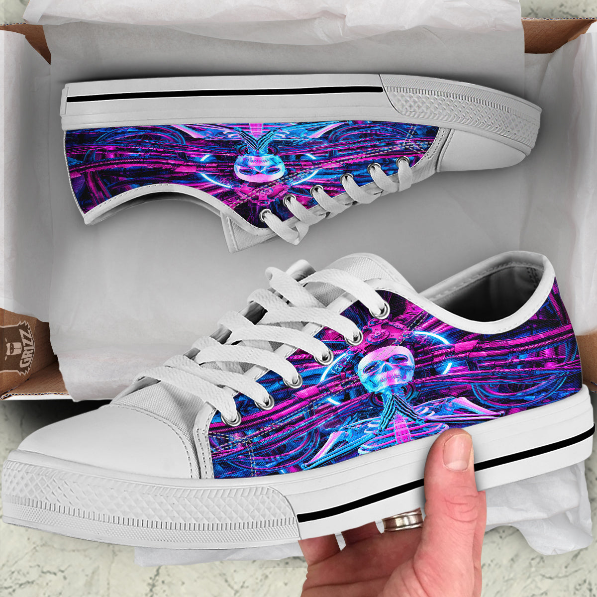 Purple Cyber Skeleton Print White Low Top Shoes-grizzshop