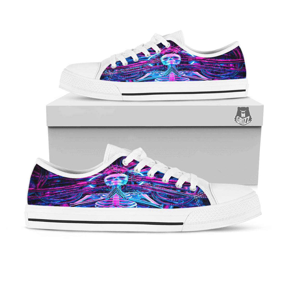 Purple Cyber Skeleton Print White Low Top Shoes-grizzshop