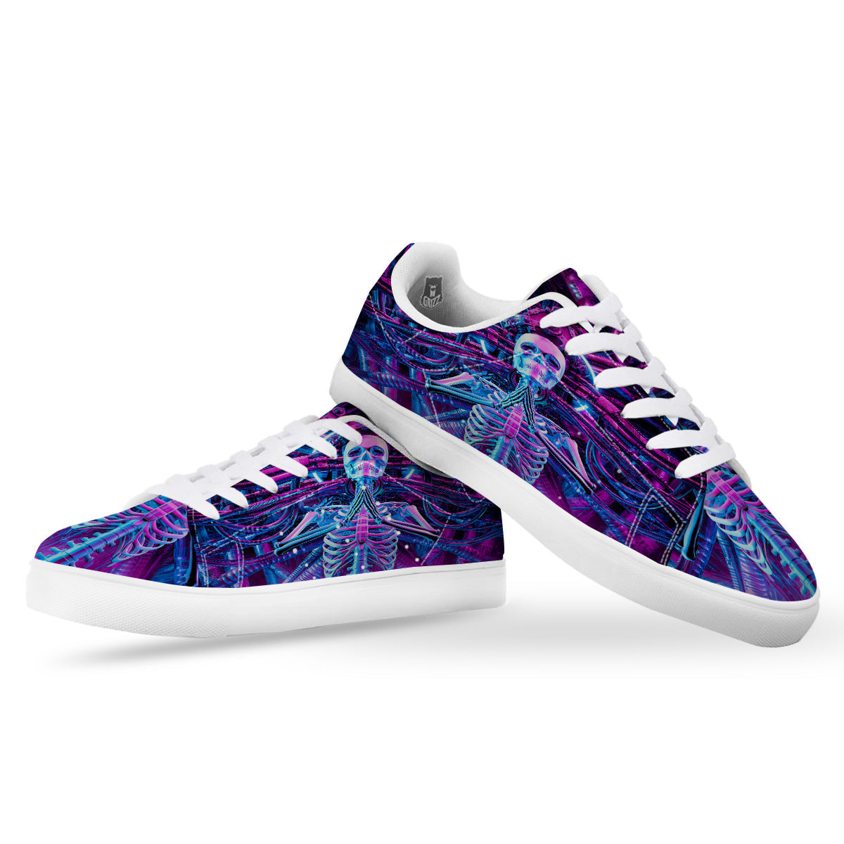 Purple Cyber Skeleton Print White Low Top Sneakers-grizzshop