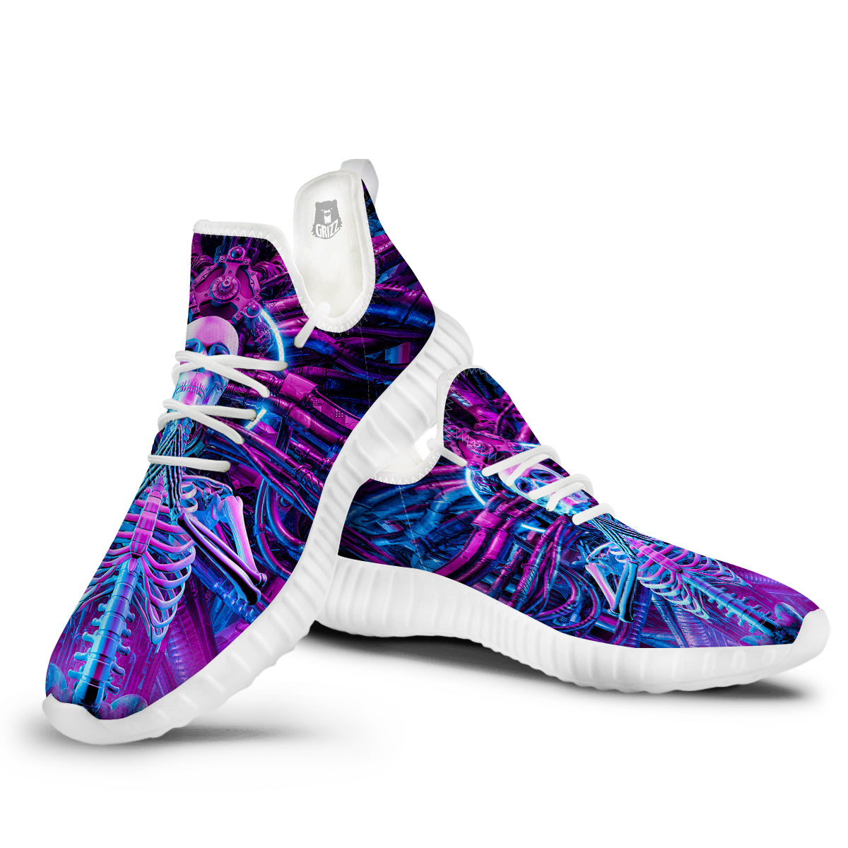 Purple Cyber Skeleton Print White Walking Shoes-grizzshop