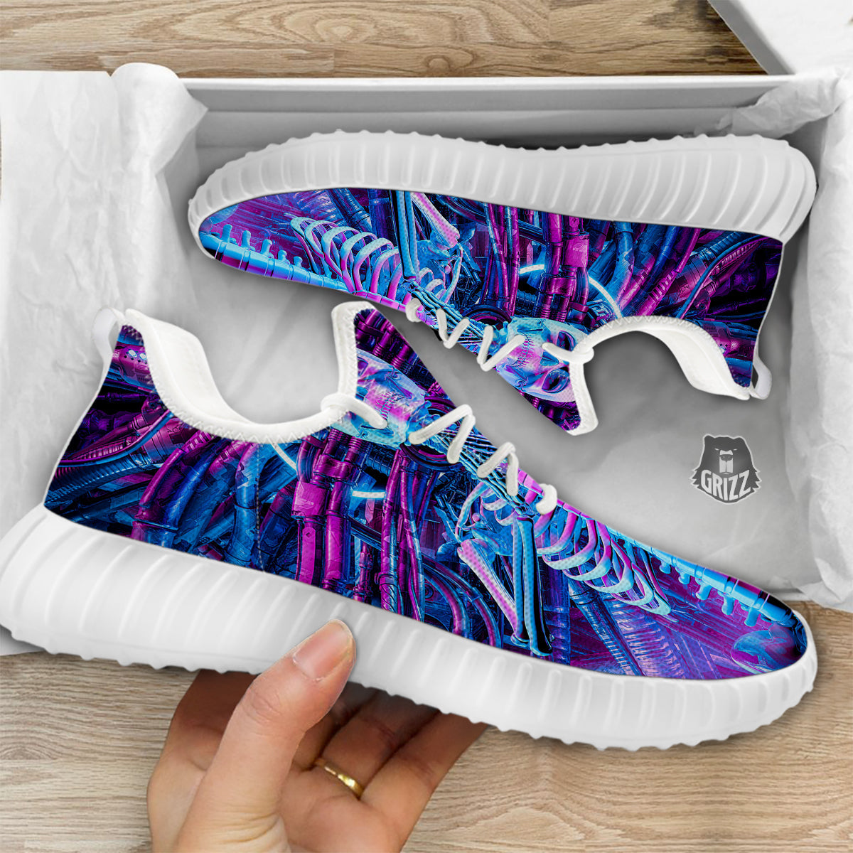 Purple Cyber Skeleton Print White Walking Shoes-grizzshop
