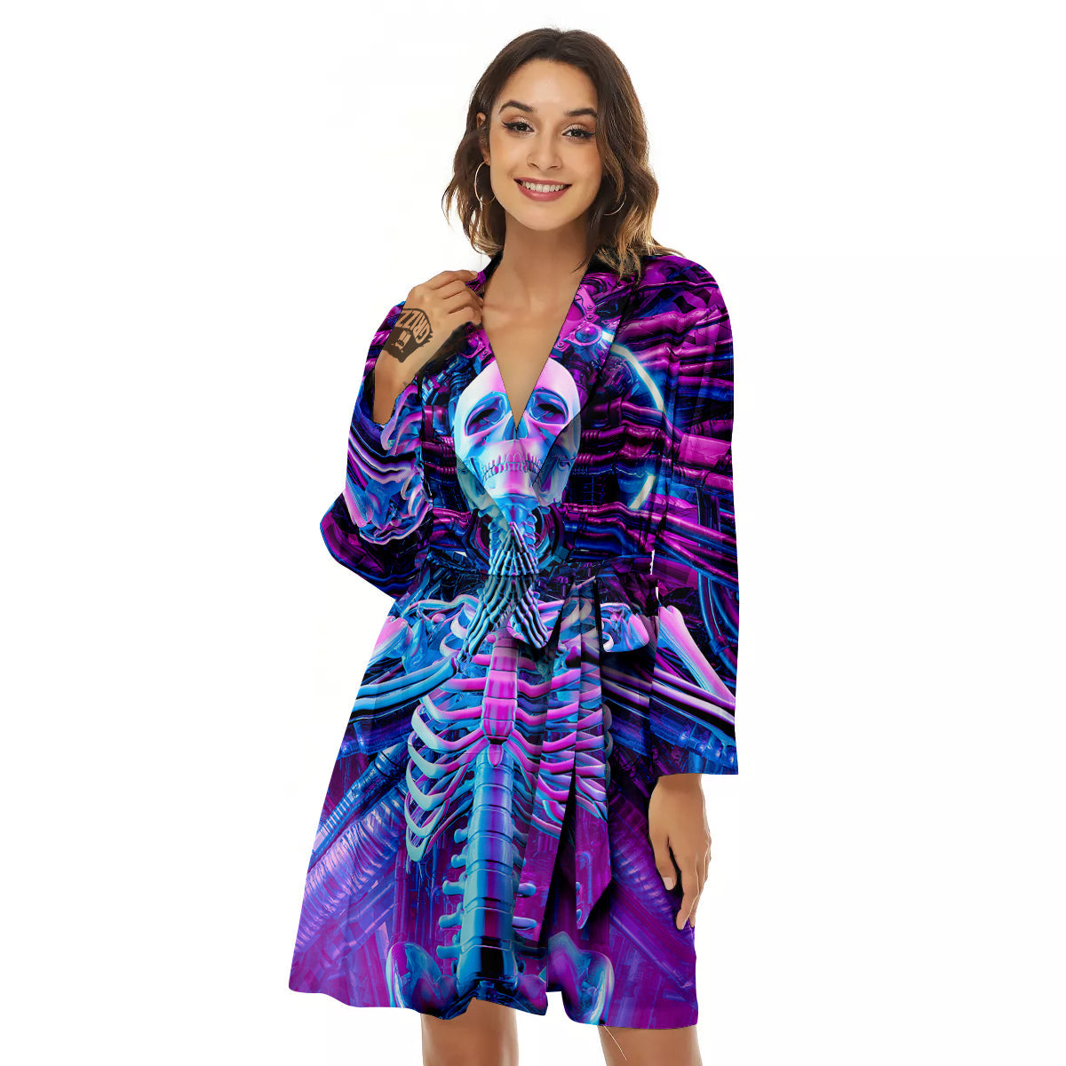 Purple Cyber Skeleton Print Women's Robe-grizzshop