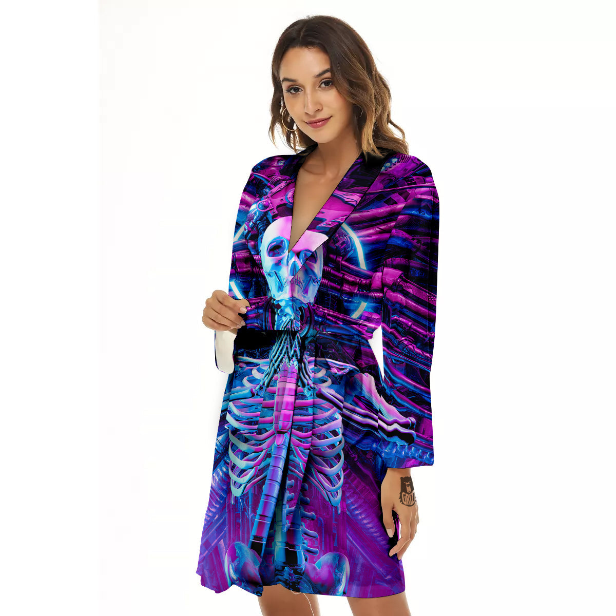 Purple Cyber Skeleton Print Women's Robe-grizzshop
