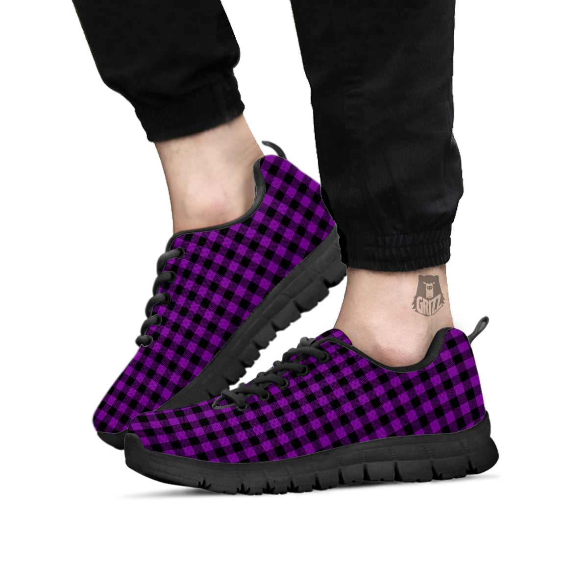 Purple Dark Check Print Pattern Black Sneaker-grizzshop
