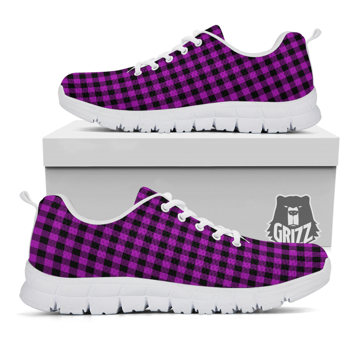 Purple Dark Check Print Pattern White Sneaker-grizzshop