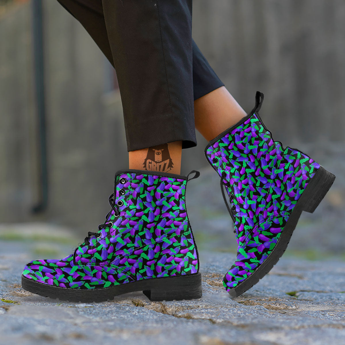 Purple Eggplant Print Pattern Leather Boots-grizzshop
