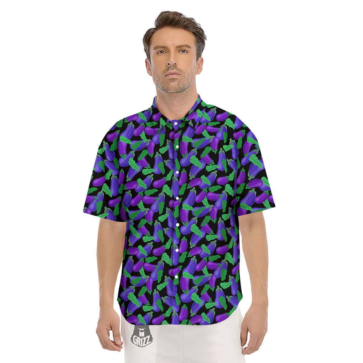 Purple Eggplant Print Pattern Men's Short Sleeve Shirts-grizzshop