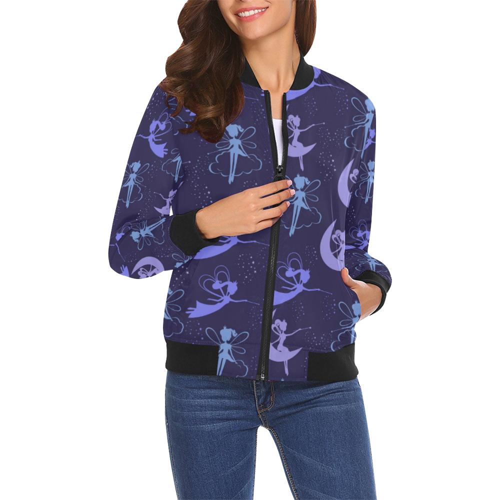 Purple Fairy Pattern Print Women Casual Bomber Jacket-grizzshop