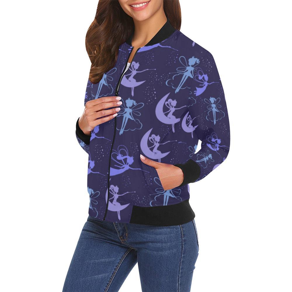 Purple Fairy Pattern Print Women Casual Bomber Jacket-grizzshop