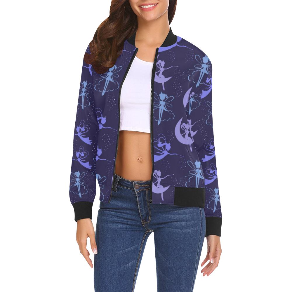 Purple Fairy Pattern Print Women Casual Bomber Jacket-grizzshop