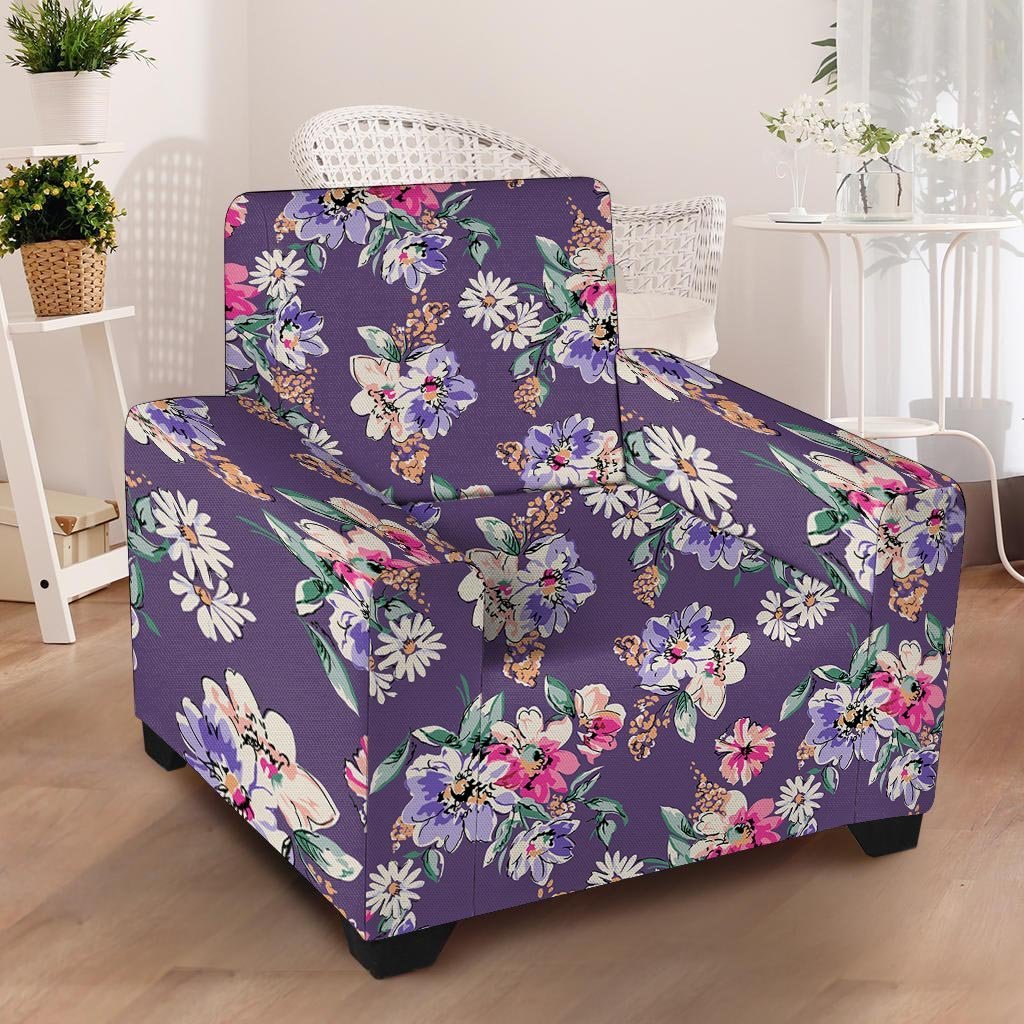 Purple Floral Print Armchair Cover-grizzshop