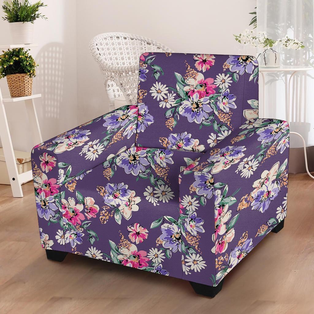 Purple Floral Print Armchair Cover-grizzshop