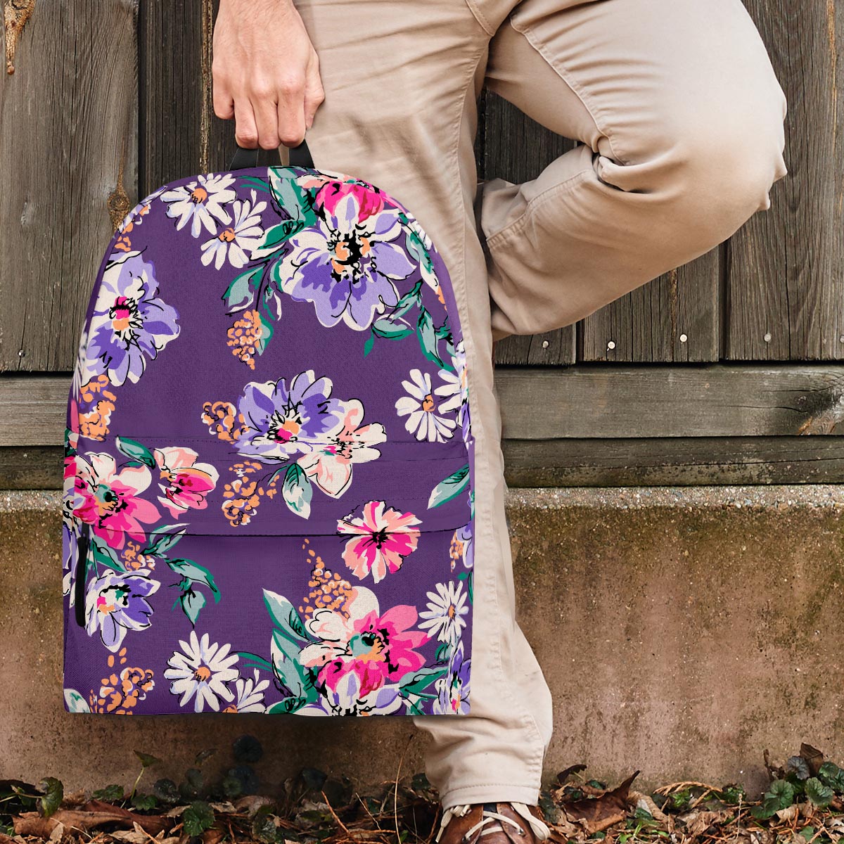 Purple Floral Print Backpack-grizzshop