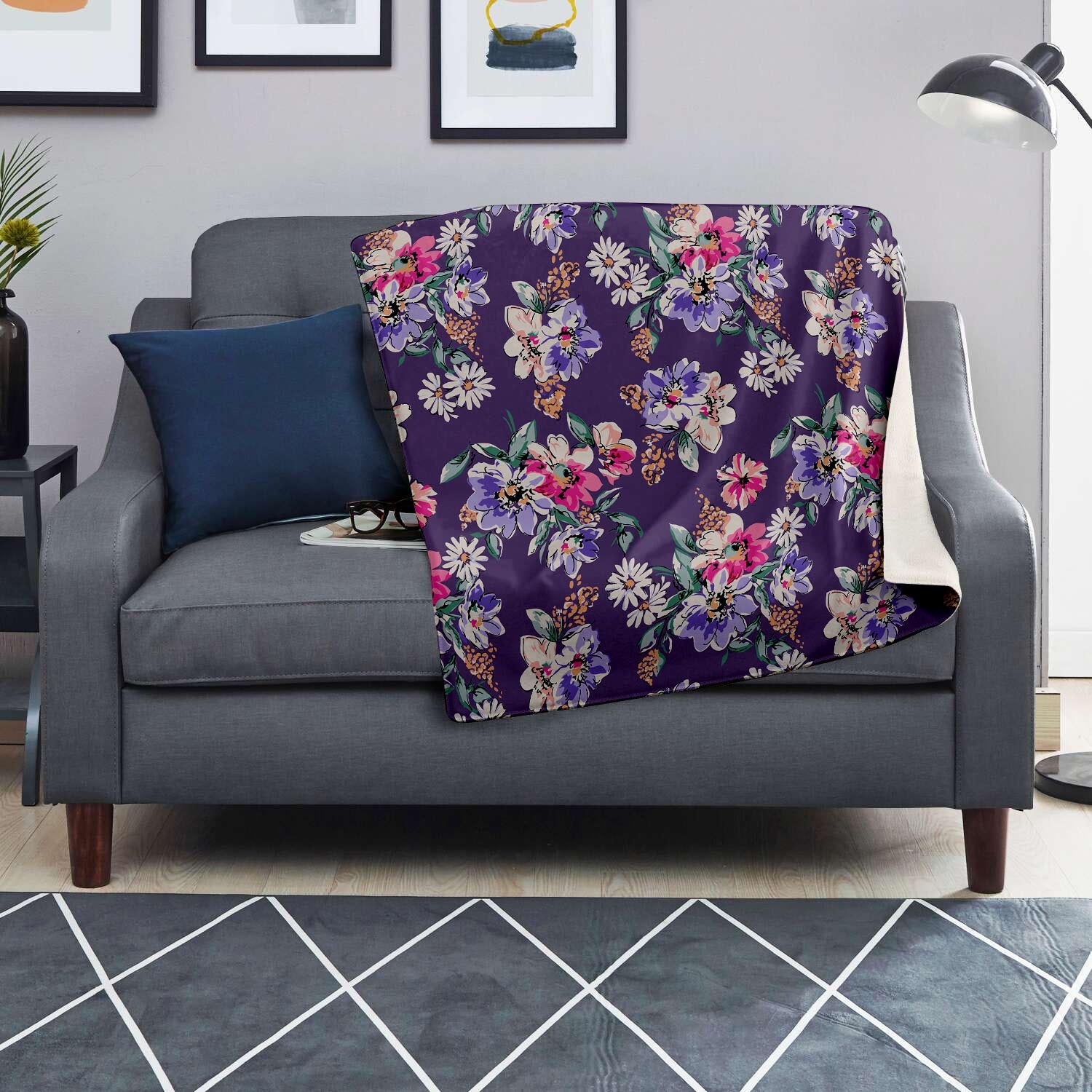 Purple Floral Print Blanket-grizzshop