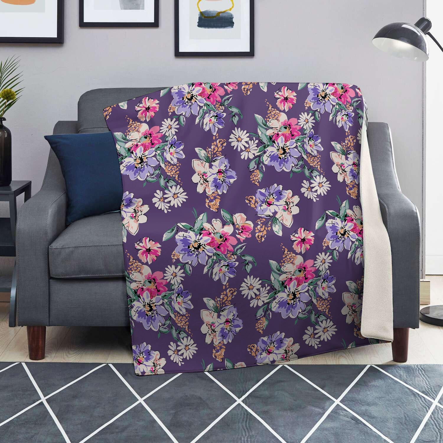 Purple Floral Print Blanket-grizzshop