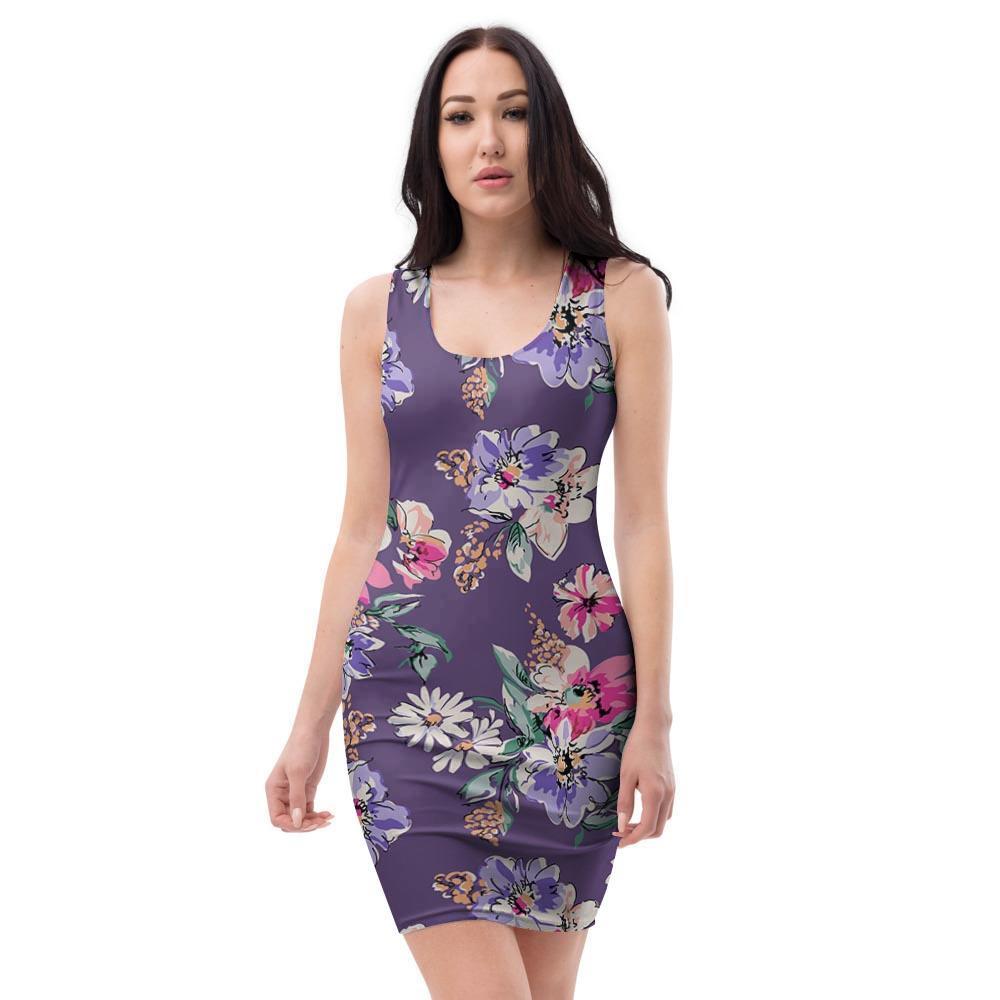 Purple Floral Print Bodycon Dress-grizzshop