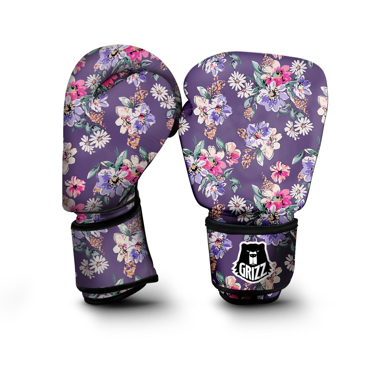 Purple Floral Print Boxing Gloves-grizzshop