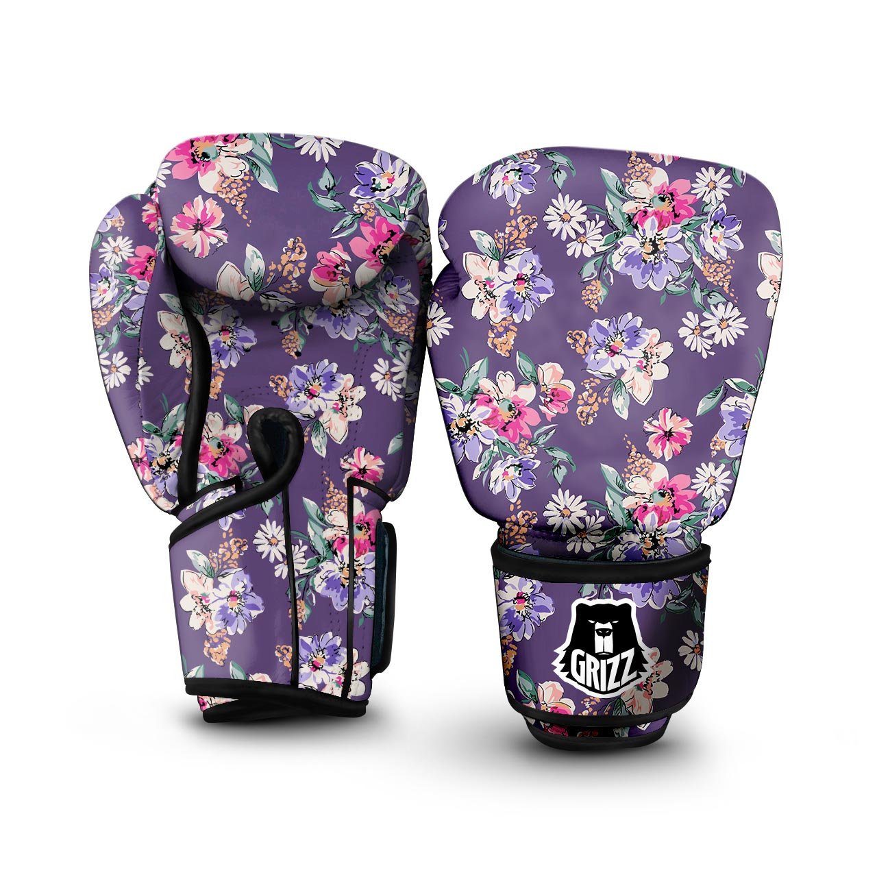 Purple Floral Print Boxing Gloves-grizzshop