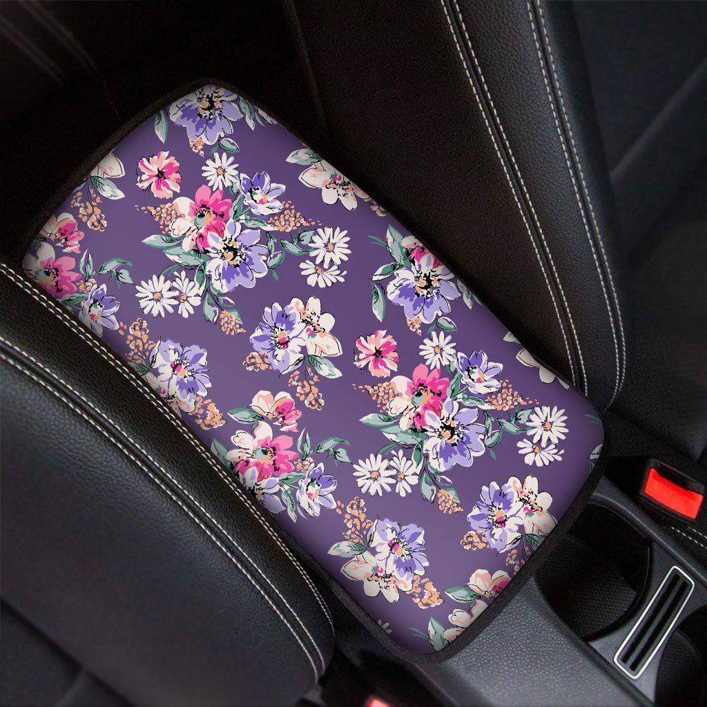 Purple Floral Print Car Console Cover-grizzshop