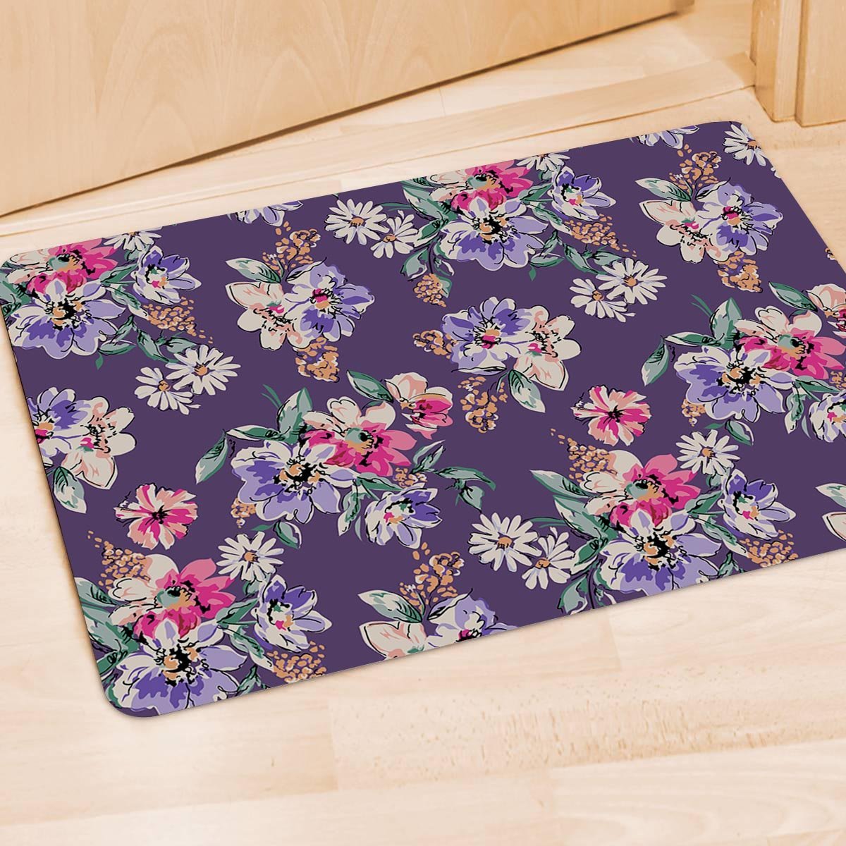 Purple Floral Print Door Mat-grizzshop