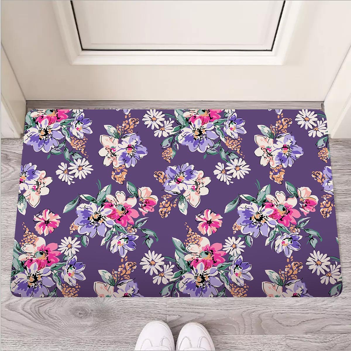 Purple Floral Print Door Mat-grizzshop