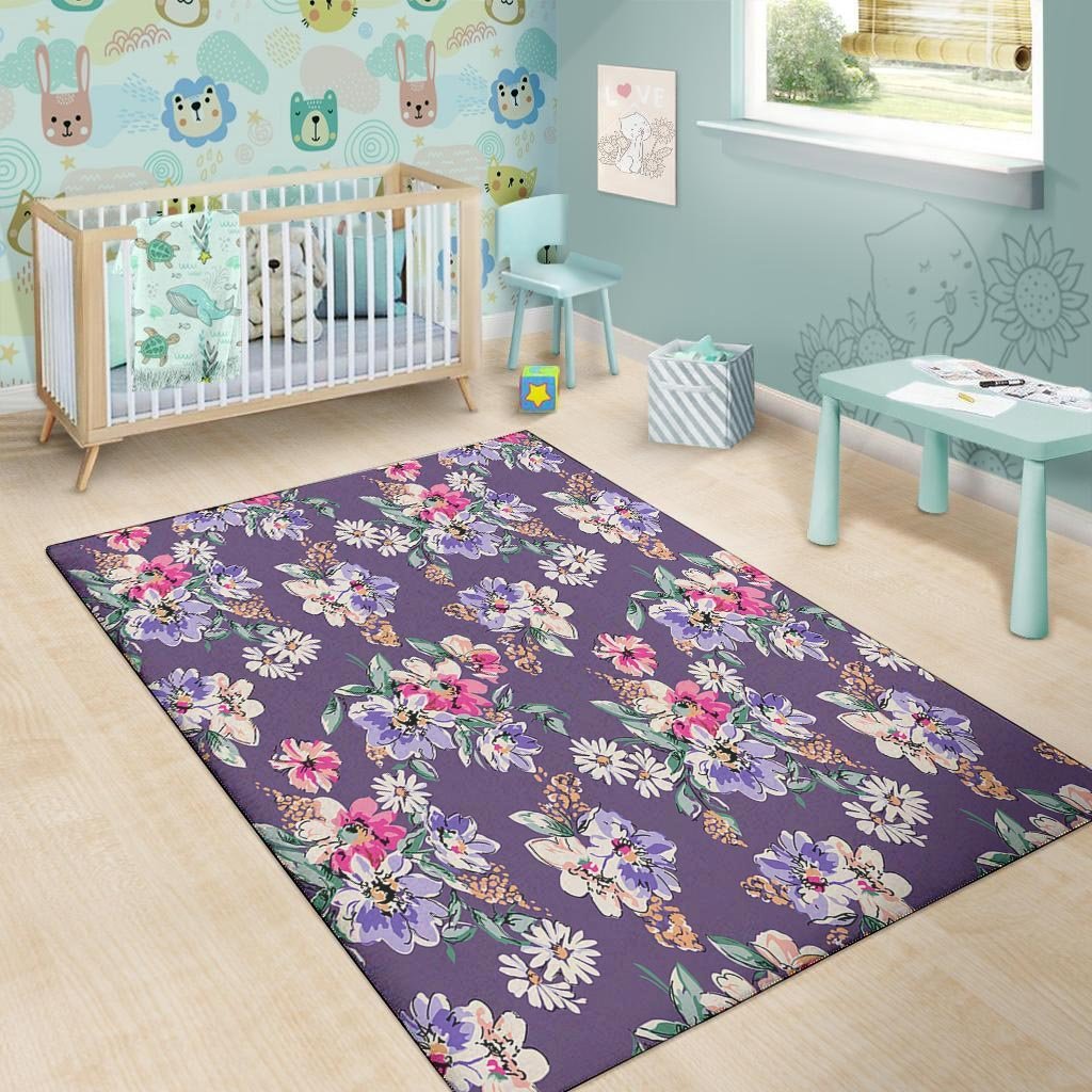 Purple Floral Print Floor Mat-grizzshop