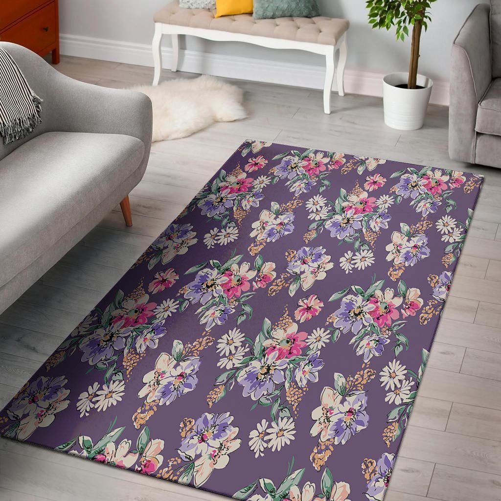 Purple Floral Print Floor Mat-grizzshop