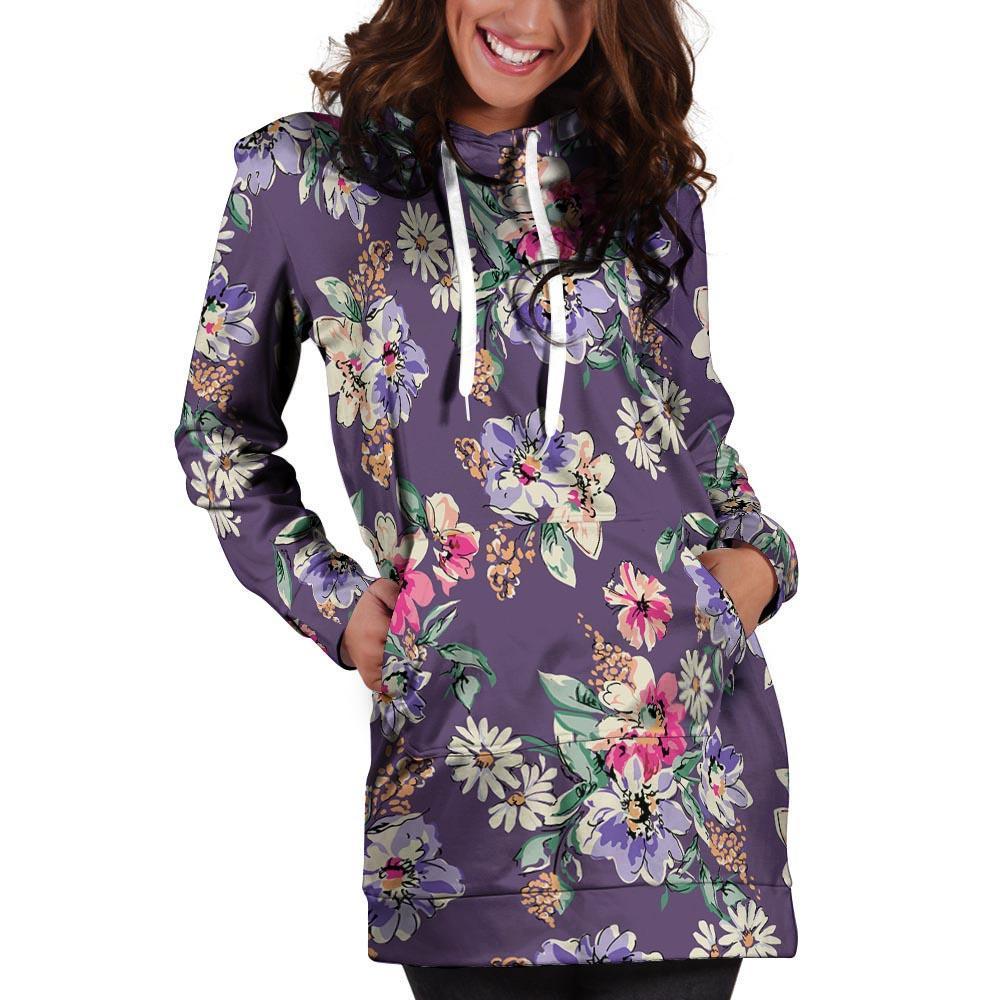 Purple Floral Print Hoodie Dress-grizzshop